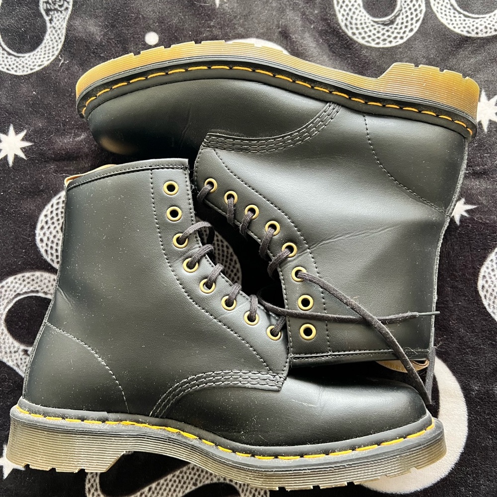 Dr. Martens Black Leather Lace-Up Boots with Yellow Stitching